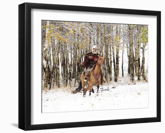 Cowboys Riding in Autumn Aspens with a Fresh Snowfall-Terry Eggers-Framed Photographic Print