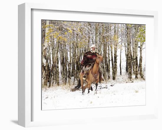 Cowboys Riding in Autumn Aspens with a Fresh Snowfall-Terry Eggers-Framed Photographic Print