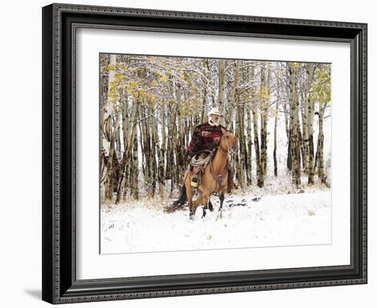 Cowboys Riding in Autumn Aspens with a Fresh Snowfall-Terry Eggers-Framed Photographic Print