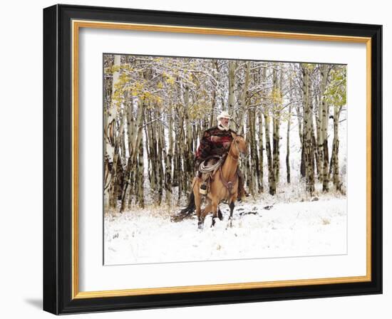 Cowboys Riding in Autumn Aspens with a Fresh Snowfall-Terry Eggers-Framed Photographic Print