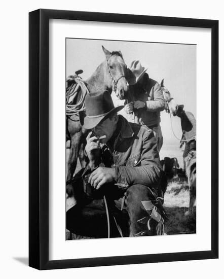 Cowboys Taking a Break During Cattle Drive to Virginia City-Ralph Crane-Framed Photographic Print