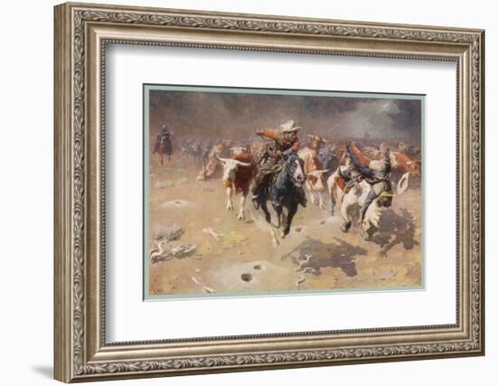 Cowboys Trying to Check a Cattle Stampede-W.r. Leigh-Framed Photographic Print