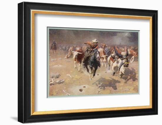 Cowboys Trying to Check a Cattle Stampede-W.r. Leigh-Framed Photographic Print