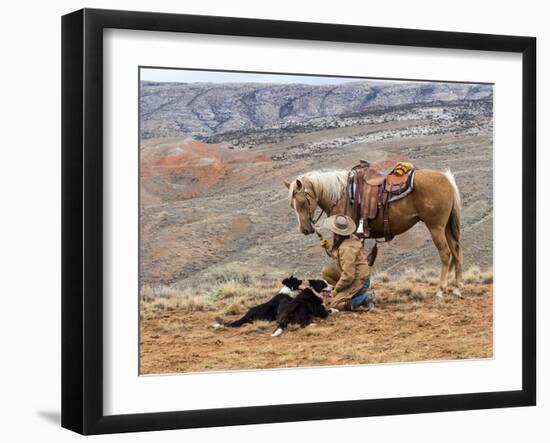 Cowgirl and Her Horse with Dog Viewing the Countryside-Terry Eggers-Framed Photographic Print