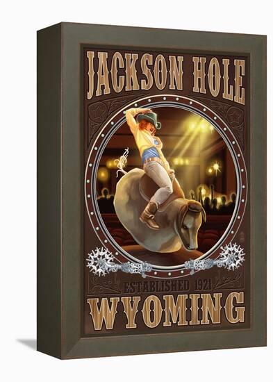 Cowgirl and Mechanical Bull - Jackson Hole, WY-Lantern Press-Framed Stretched Canvas