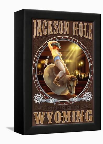 Cowgirl and Mechanical Bull - Jackson Hole, WY-Lantern Press-Framed Stretched Canvas