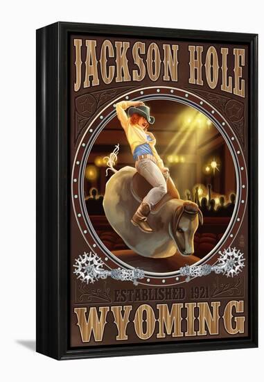 Cowgirl and Mechanical Bull - Jackson Hole, WY-Lantern Press-Framed Stretched Canvas