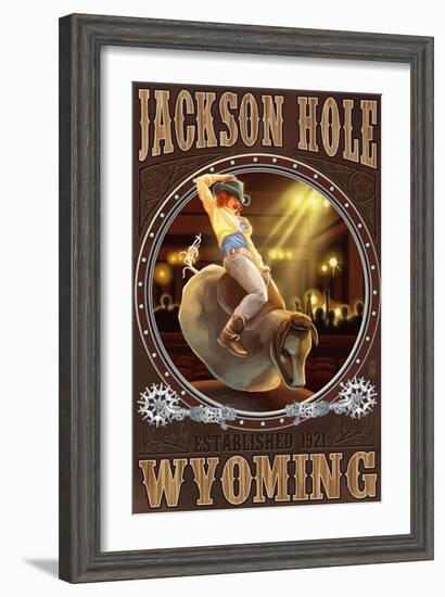 Cowgirl and Mechanical Bull - Jackson Hole, WY-Lantern Press-Framed Art Print