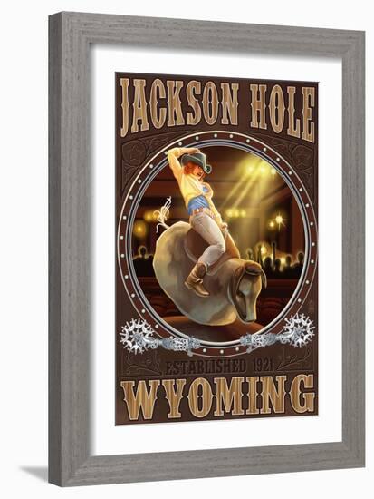 Cowgirl and Mechanical Bull - Jackson Hole, WY-Lantern Press-Framed Art Print