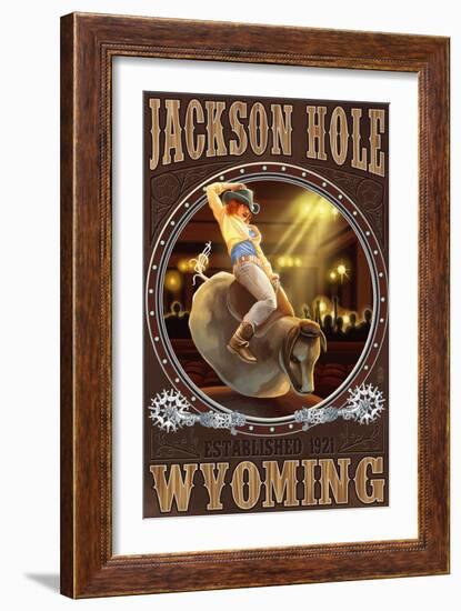 Cowgirl and Mechanical Bull - Jackson Hole, WY-Lantern Press-Framed Art Print