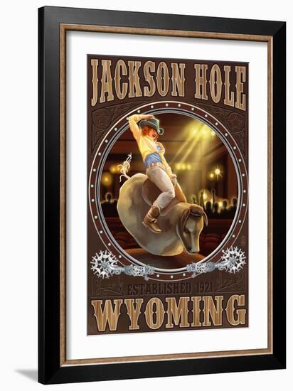 Cowgirl and Mechanical Bull - Jackson Hole, WY-Lantern Press-Framed Art Print