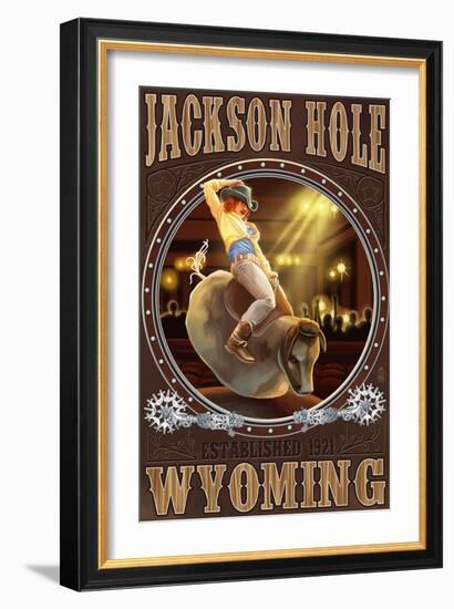 Cowgirl and Mechanical Bull - Jackson Hole, WY-Lantern Press-Framed Art Print