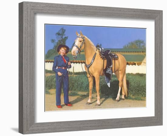 Cowgirl in Blue with Palomino-null-Framed Art Print