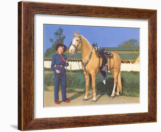 Cowgirl in Blue with Palomino-null-Framed Art Print