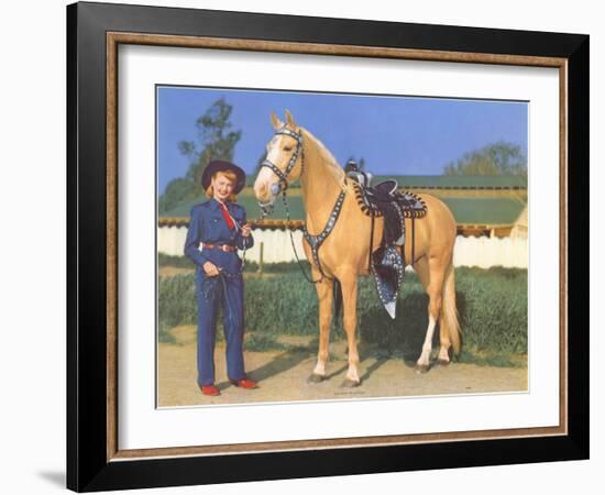 Cowgirl in Blue with Palomino-null-Framed Art Print