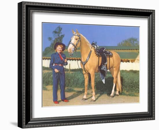 Cowgirl in Blue with Palomino-null-Framed Art Print