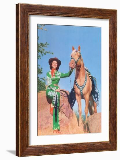 Cowgirl in Green Outfit with Palomino-null-Framed Art Print