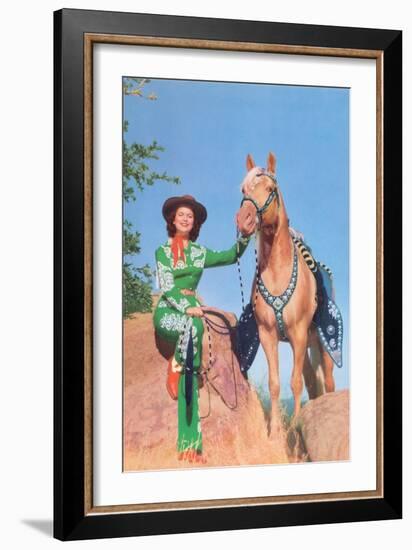 Cowgirl in Green Outfit with Palomino-null-Framed Art Print