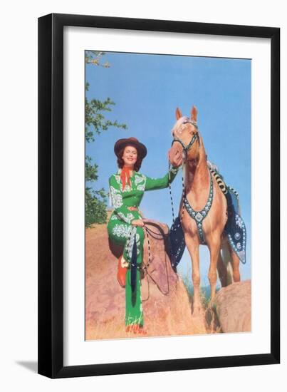Cowgirl in Green Outfit with Palomino-null-Framed Art Print
