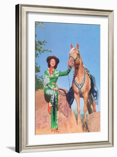 Cowgirl in Green Outfit with Palomino-null-Framed Art Print