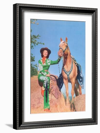 Cowgirl in Green Outfit with Palomino-null-Framed Art Print
