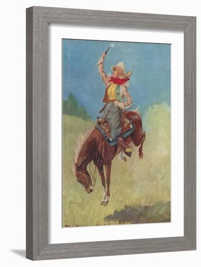 Cowgirl on Bucking Horse Painting-null-Framed Art Print