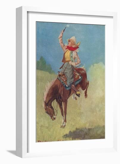 Cowgirl on Bucking Horse Painting-null-Framed Art Print