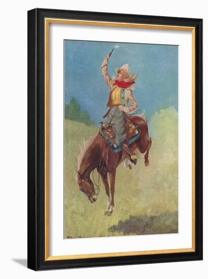 Cowgirl on Bucking Horse Painting-null-Framed Art Print