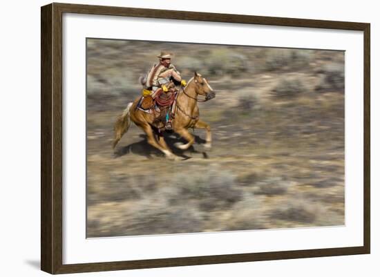 Cowgirl Riding at Full Speed in Motion-Terry Eggers-Framed Photographic Print