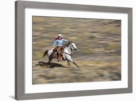 Cowgirl Riding at Full Speed in Motion-Terry Eggers-Framed Photographic Print