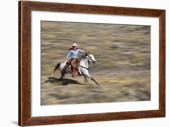 Cowgirl Riding at Full Speed in Motion-Terry Eggers-Framed Photographic Print