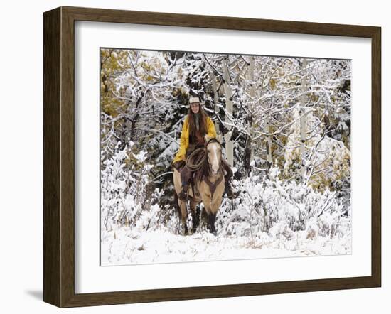 Cowgirl Riding in Autumn Aspens with a Fresh Snowfall-Terry Eggers-Framed Photographic Print