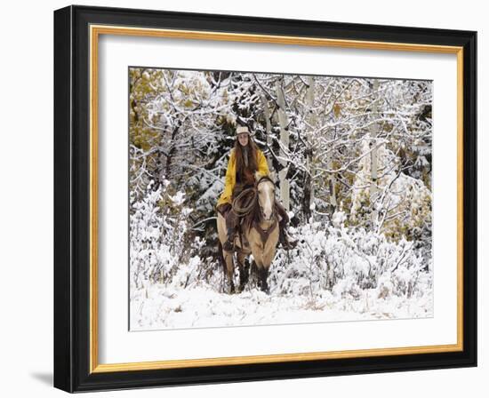 Cowgirl Riding in Autumn Aspens with a Fresh Snowfall-Terry Eggers-Framed Photographic Print