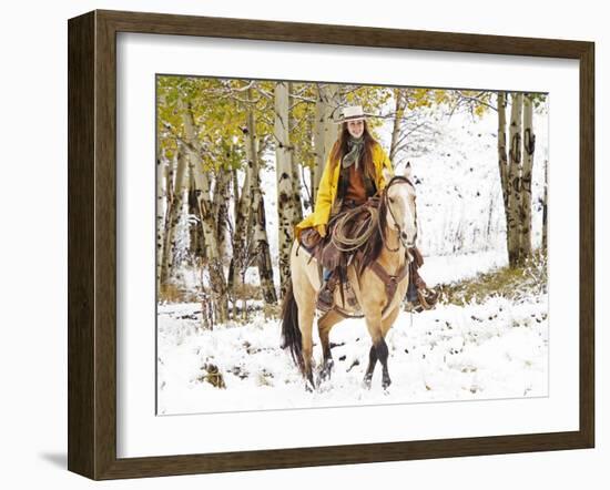 Cowgirl Riding in Autumn Aspens with a Fresh Snowfall-Terry Eggers-Framed Photographic Print