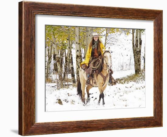 Cowgirl Riding in Autumn Aspens with a Fresh Snowfall-Terry Eggers-Framed Photographic Print