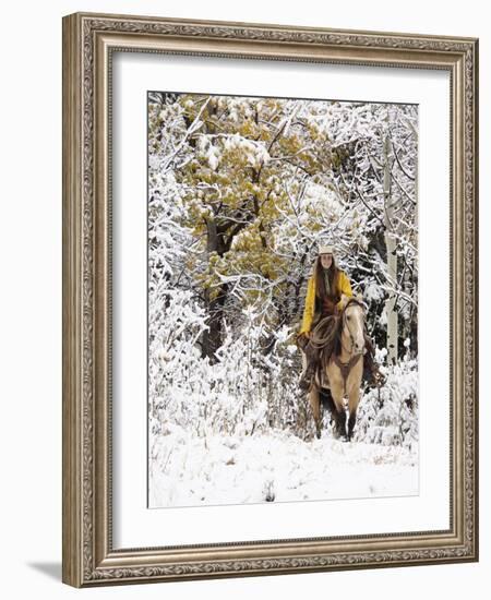 Cowgirl Riding in Autumn Aspens with a Fresh Snowfall-Terry Eggers-Framed Photographic Print