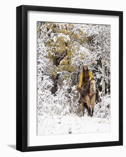 Cowgirl Riding in Autumn Aspens with a Fresh Snowfall-Terry Eggers-Framed Photographic Print