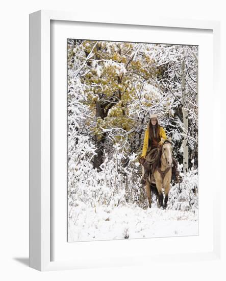 Cowgirl Riding in Autumn Aspens with a Fresh Snowfall-Terry Eggers-Framed Photographic Print