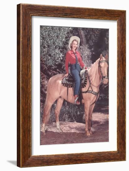 Cowgirl Riding Palomino-null-Framed Art Print