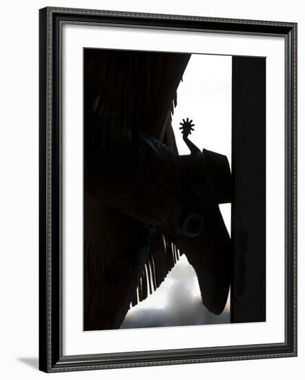 Cowgirl's Boot Silhouette, Flitner Ranch, Shell, Wyoming, USA-Carol Walker-Framed Photographic Print