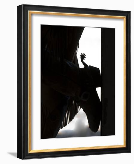 Cowgirl's Boot Silhouette, Flitner Ranch, Shell, Wyoming, USA-Carol Walker-Framed Photographic Print