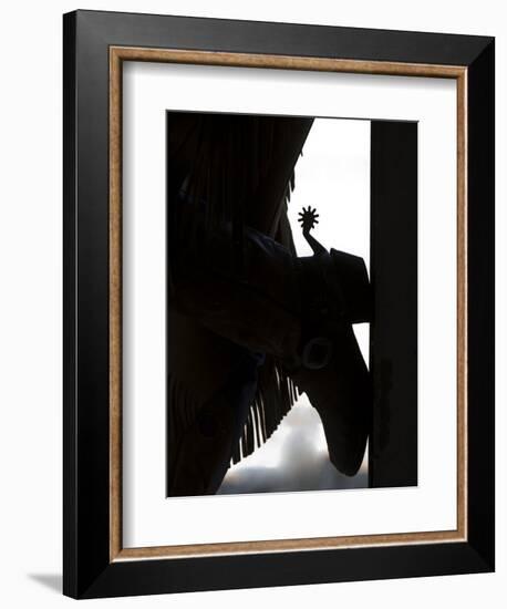 Cowgirl's Boot Silhouette, Flitner Ranch, Shell, Wyoming, USA-Carol Walker-Framed Photographic Print