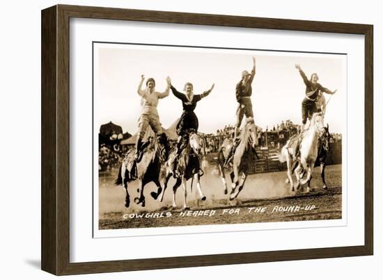 Cowgirls Standing on Horses-null-Framed Premium Giclee Print