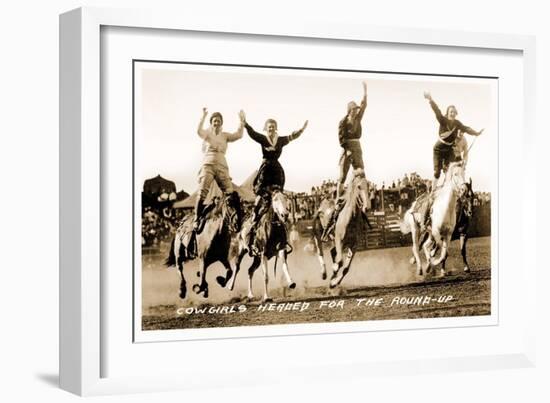 Cowgirls Standing on Horses-null-Framed Premium Giclee Print