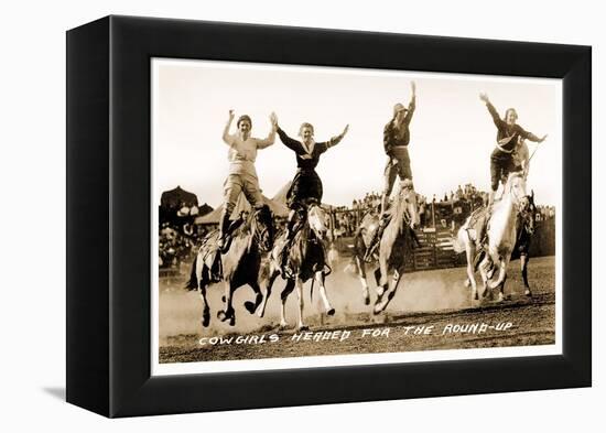 Cowgirls Standing on Horses-null-Framed Stretched Canvas