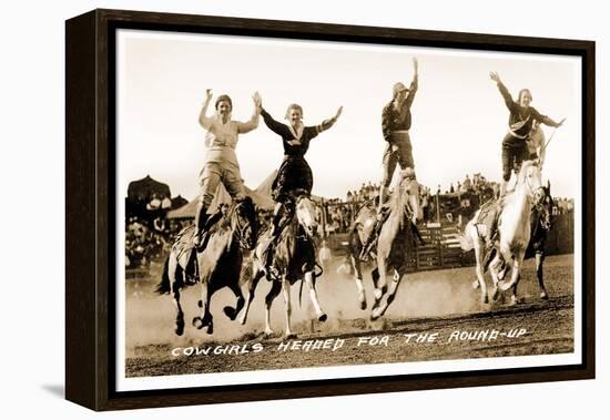 Cowgirls Standing on Horses-null-Framed Stretched Canvas