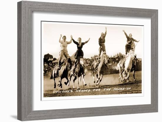 Cowgirls Standing on Horses-null-Framed Art Print