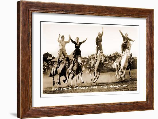 Cowgirls Standing on Horses-null-Framed Art Print