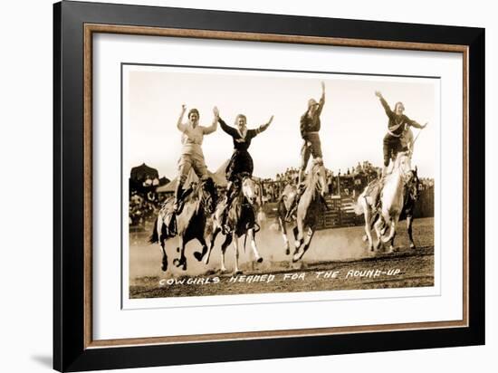 Cowgirls Standing on Horses-null-Framed Art Print
