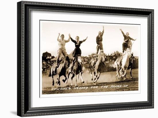 Cowgirls Standing on Horses-null-Framed Art Print